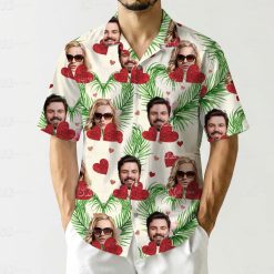 His and hers Hawaiian outfits with couple photos, hearts, palm leaves