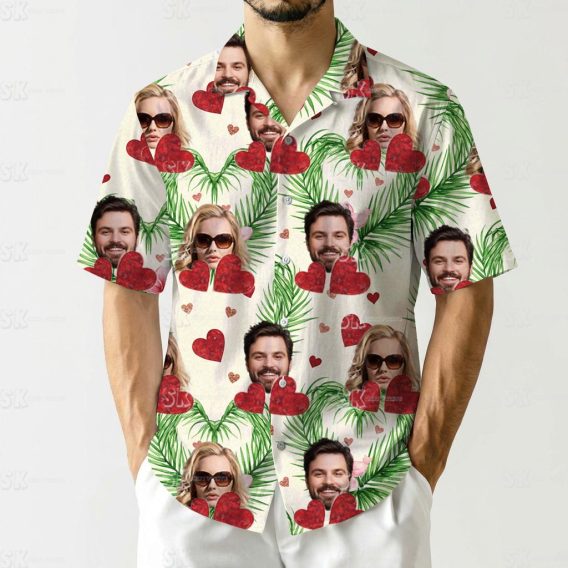 His and hers Hawaiian outfits with couple photos, hearts, palm leaves