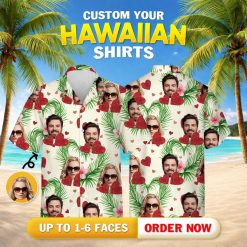 His and hers Hawaiian outfits with faces, hearts, palm leaves, and flowers