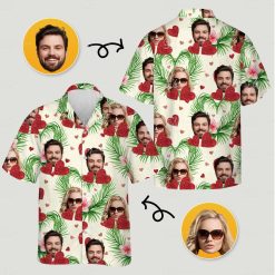 his and hers hawaiian outfits with faces, tropical leaves, pink flowers, red hearts