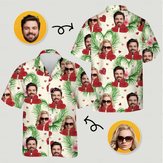 his and hers hawaiian outfits with faces, tropical leaves, pink flowers, red hearts