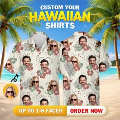 Matching Hawaiian outfits for couples with faces, hibiscus, hearts, palm fronds