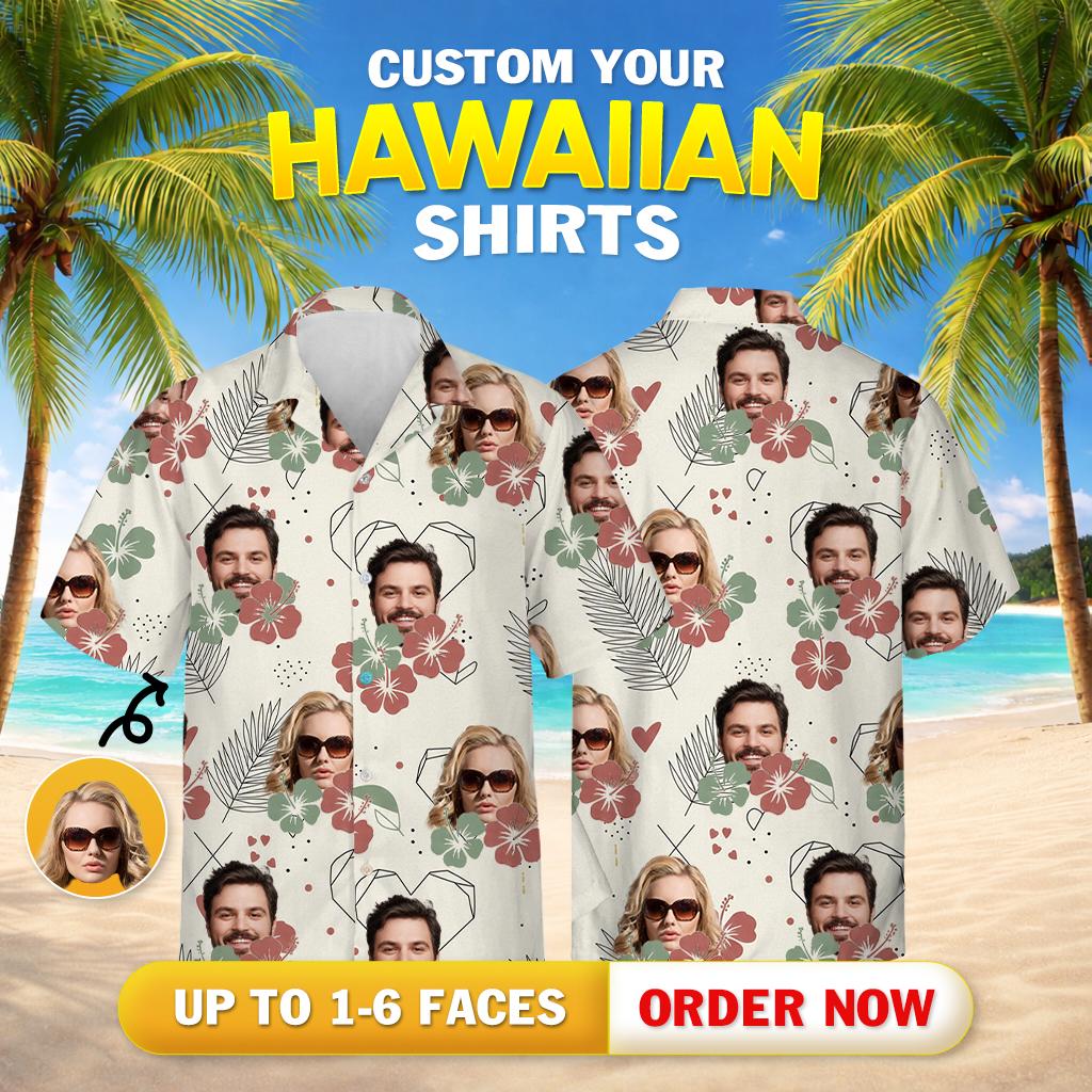 Matching Hawaiian outfits for couples with faces, hibiscus, hearts, palm fronds