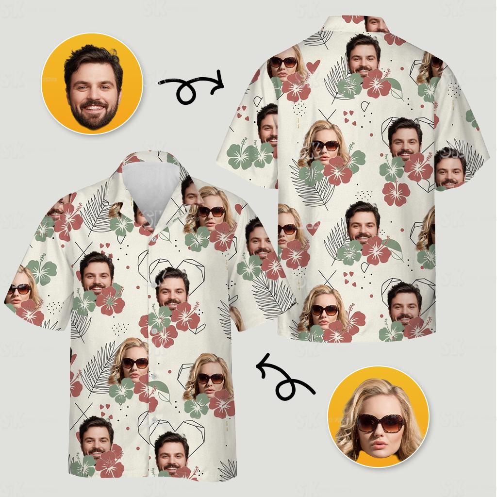 Matching Hawaiian outfits for couples with faces, hibiscus, hearts, leaves