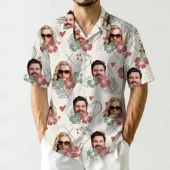 Matching Hawaiian outfits for couples with hibiscus, hearts, faces, geometric shapes