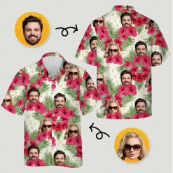 Matching Hawaiian outfits for couples plus size with pink hibiscus, palm leaves, man and woman print