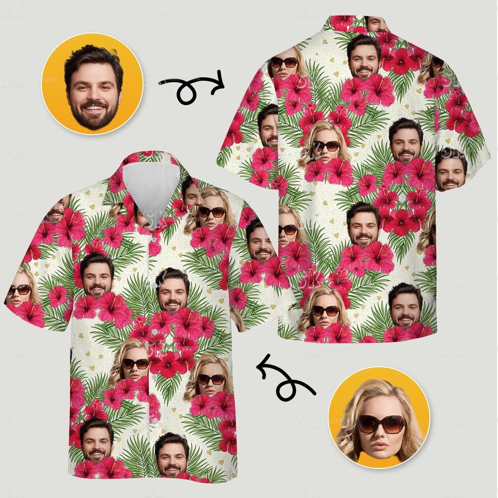 Matching Hawaiian outfits for couples plus size with pink hibiscus, palm leaves, man and woman print