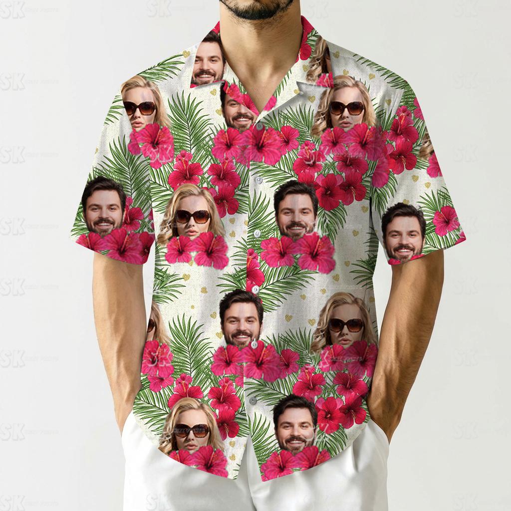 Matching Hawaiian outfits for couples plus size with pink hibiscus, tropical leaves