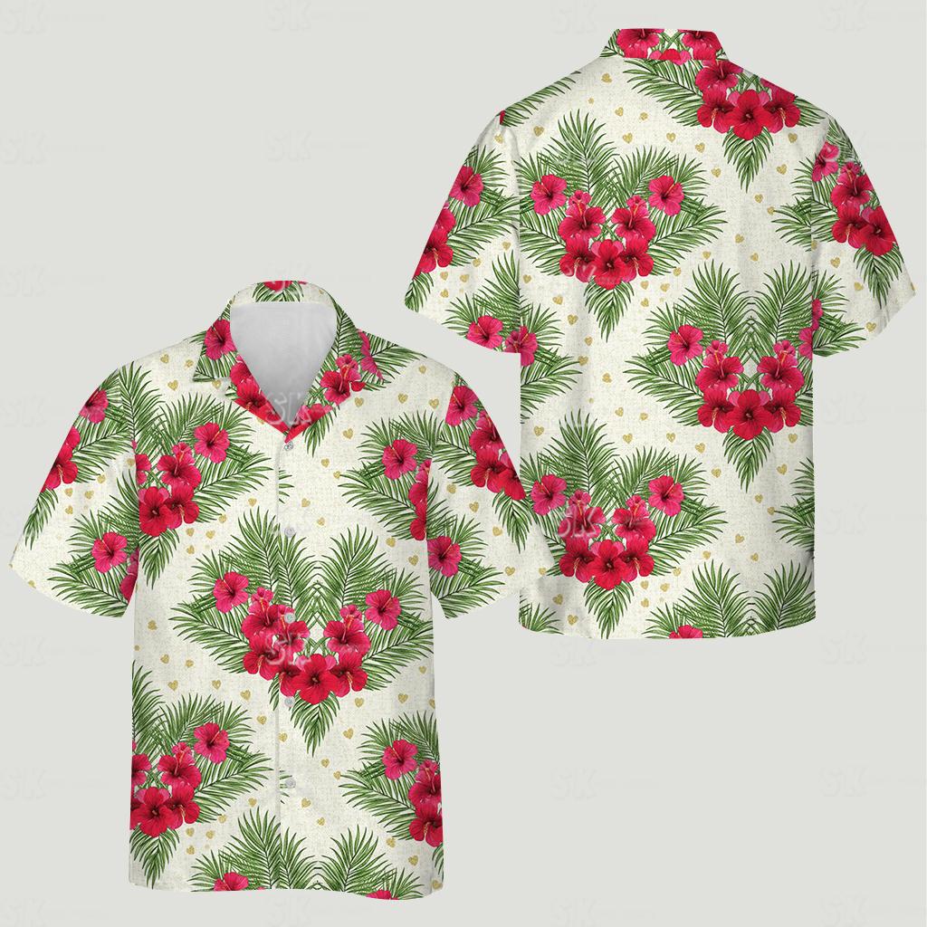 Matching hawaiian outfits for couples plus size with red hibiscus flowers