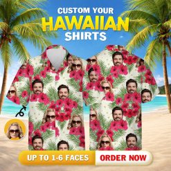 Matching hawaiian outfits for couples plus size with red hibiscus, green palms, custom faces