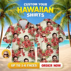 Matching tropical outfits for couples with faces, red hibiscus, and green leaves