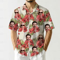 Matching tropical outfits for couples with red hibiscus and sunglasses design