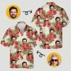 Matching tropical outfits for couples with red hibiscus, sunglasses faces, green leaves