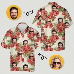 Matching tropical outfits for couples with red hibiscus, sunglasses faces, green leaves