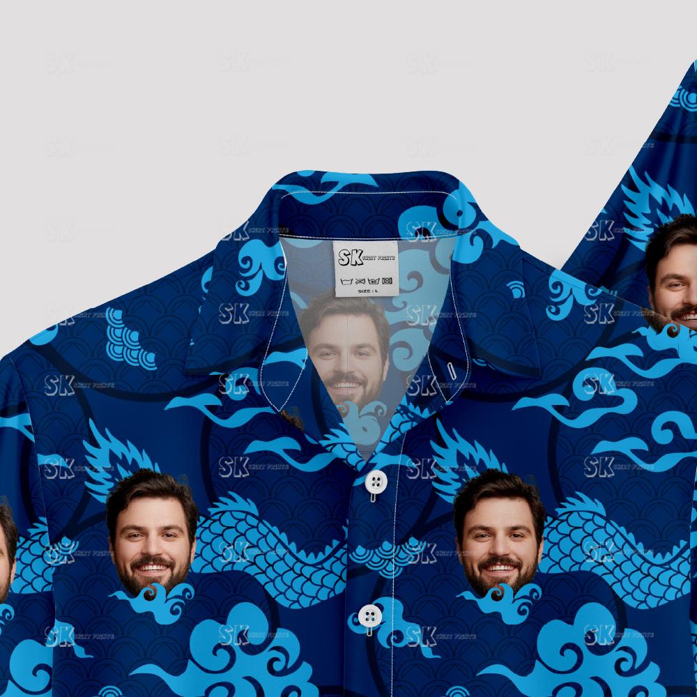 mens blue hawaiian shirt with dragons, clouds and custom face pattern