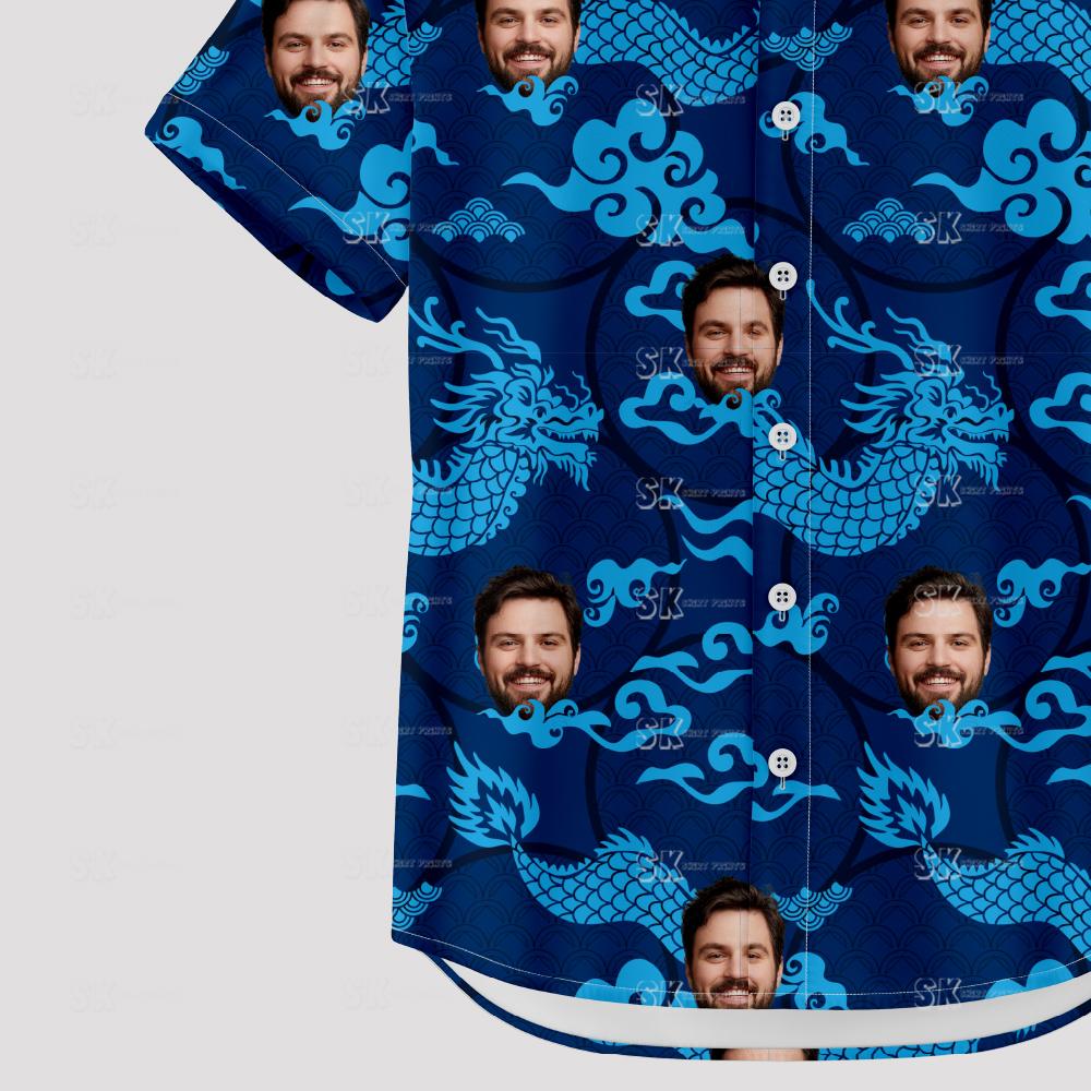 mens blue hawaiian shirt with dragons, clouds and custom face pattern