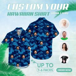 mens blue hawaiian shirt with dragons, clouds and custom face pattern