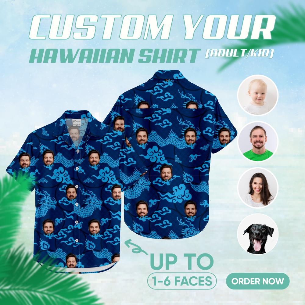 mens blue hawaiian shirt with dragons, clouds and custom face pattern
