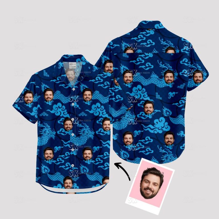 Custom Face Hawaiian Shirt – Blue Dragons & Clouds Pattern for Men