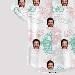 white aloha shirt with colorful dragon, cloud patterns, and custom face design