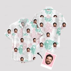 white aloha shirt with colorful dragon, cloud patterns, and custom face design