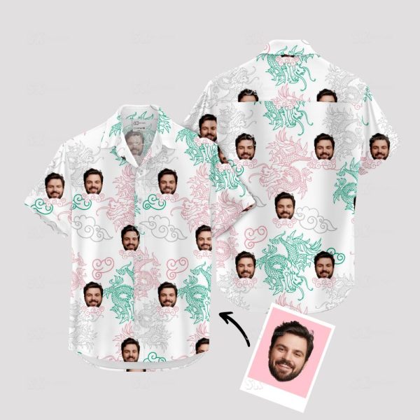White Aloha Shirt with Custom Dragon & Face Print – Unique Hawaiian Style