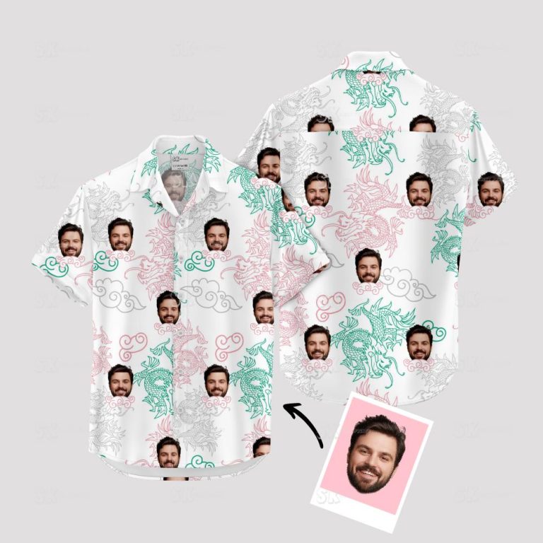 White Aloha Shirt with Custom Dragon & Face Print – Unique Hawaiian Style