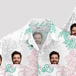 white aloha shirt with colorful dragon, cloud patterns, and custom face design