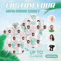 white aloha shirt with colorful dragon, cloud patterns, and custom face design
