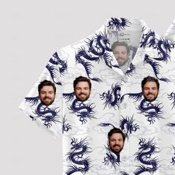 white mens hawaiian shirt with blue dragons and personalized face print