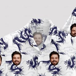 white mens hawaiian shirt with blue dragons and personalized face print