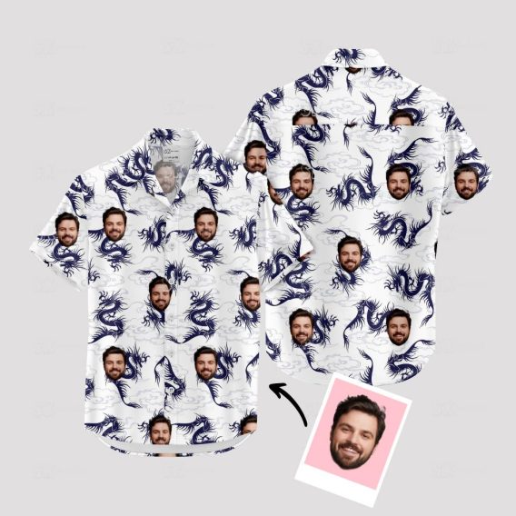 white mens hawaiian shirt with blue dragons and personalized face print