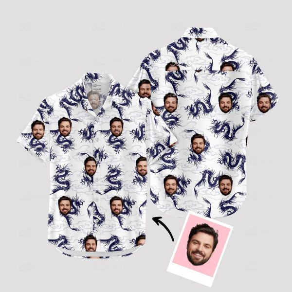 White Mens Hawaiian Shirt with Blue Dragons & Custom Face – Stand Out!