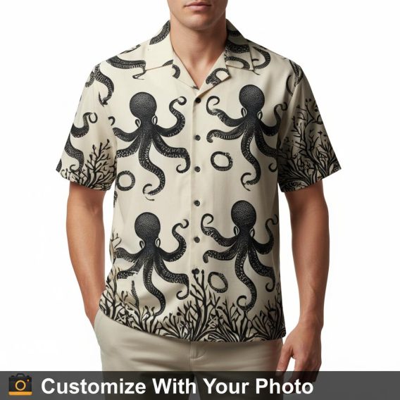 black octopus hawaiian shirt beige seaweed man coastal beach evening