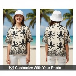 black octopus hawaiian shirt creamy beige seaweed woman beach sunset