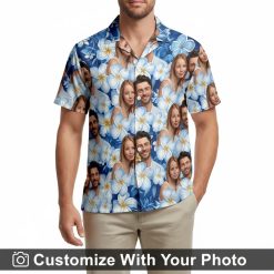 blue hawaiian shirt custom couple photo floral worn by man at sunset