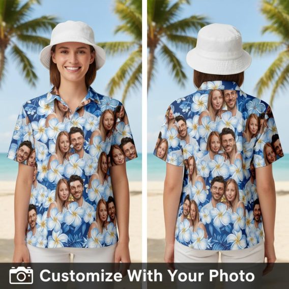 blue hawaiian shirt custom couple photo floral worn by woman on beach