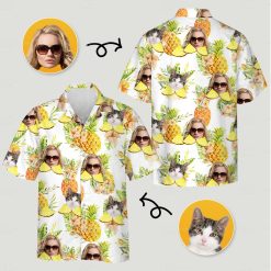 A colorful hawaiian button down shirt women's design with cat and woman faces, pineapples, and tropical leaves