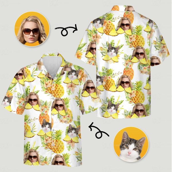 Hawaiian Button Down Shirt Womens Cat Pineapple Tropical Print