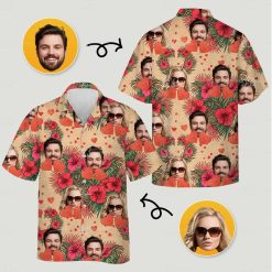 Couples hawaiian outfits with colorful hibiscus flowers, green leaves, and two faces on beige background