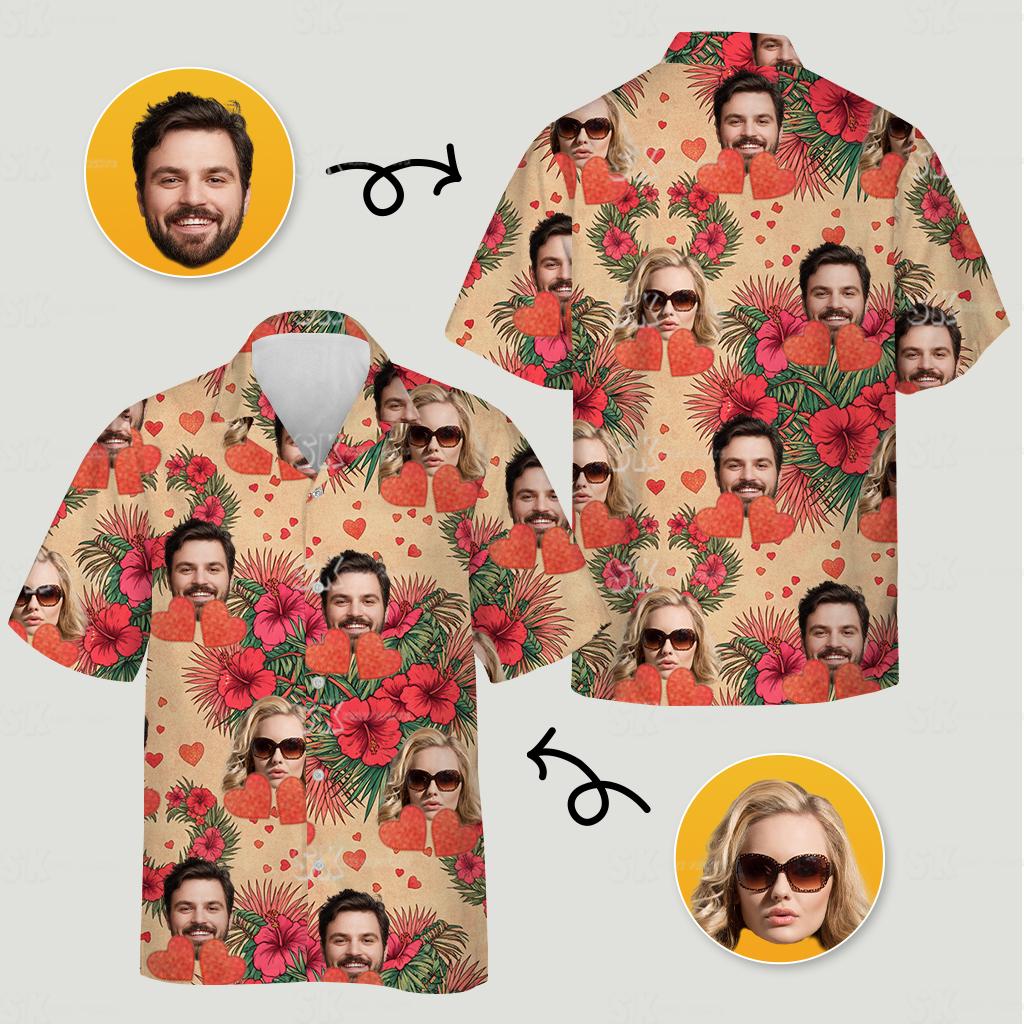Couples Hawaiian Outfits that Celebrate Your Unique Love with Personal Faces and Vibrant Design