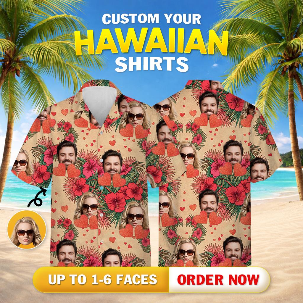 Couples Hawaiian outfits with faces, hibiscus flowers, green leaves, and red hearts on the shirts