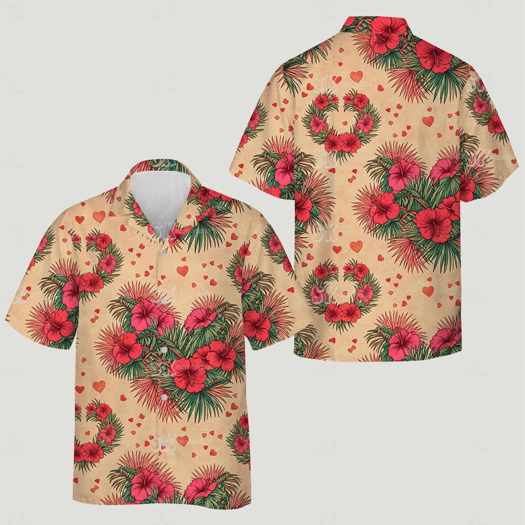 Couples Hawaiian outfits featuring vibrant red hibiscus flowers, green leaves, and red hearts on beige shirts