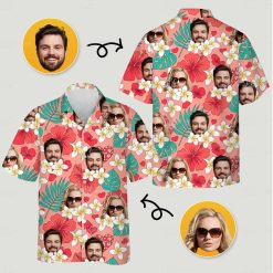 Couples matching tropical outfits with red flowers, green leaves, and custom photos on a coral shirt