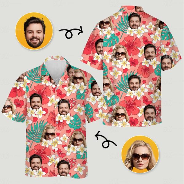 Couples matching tropical outfits make unforgettable memories with custom Hawaiian shirt designs featuring your favorite faces