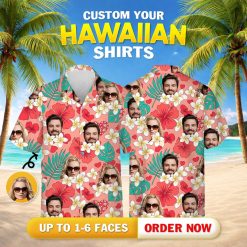 Couples matching tropical outfits with hibiscus, plumeria flowers, green leaves, and custom faces