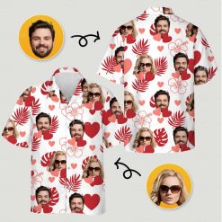 Couples tropical outfits with man and woman faces, hearts, red leaves, and hibiscus flowers on shirts