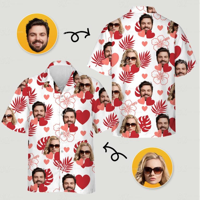 Couples tropical outfits with heart and face design bring playful romance to your next getaway