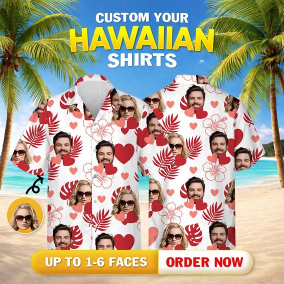 Couples tropical outfits with face pattern, red tropical leaves, hearts, and flowers on shirts