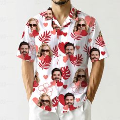 Couples tropical outfits with man and woman faces, red hearts, leaves, and hibiscus on white shirt